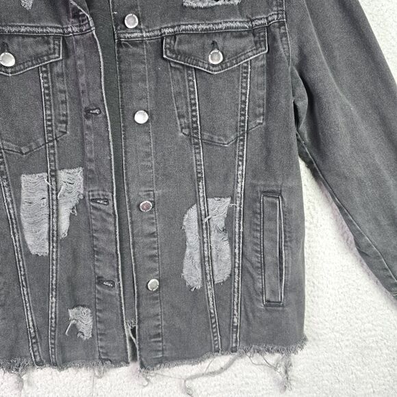 Divided Black Denim Jacket Thrashed Distressed Raw Hem Oversized Y2K Fall Retro - Picture 5 of 16